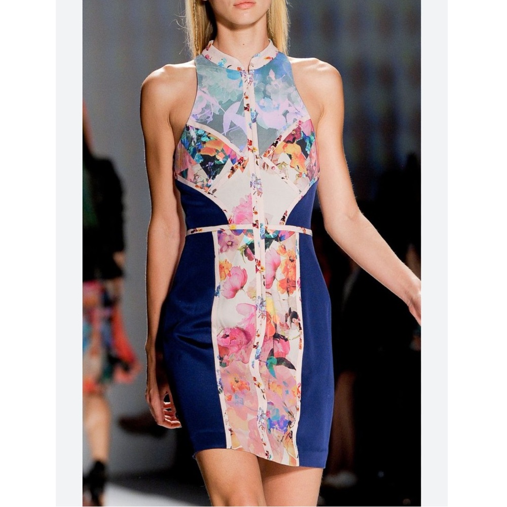 Nicole Miller Artelier Runway Floral Watercolor Blue Pink Halter Dress Size 2